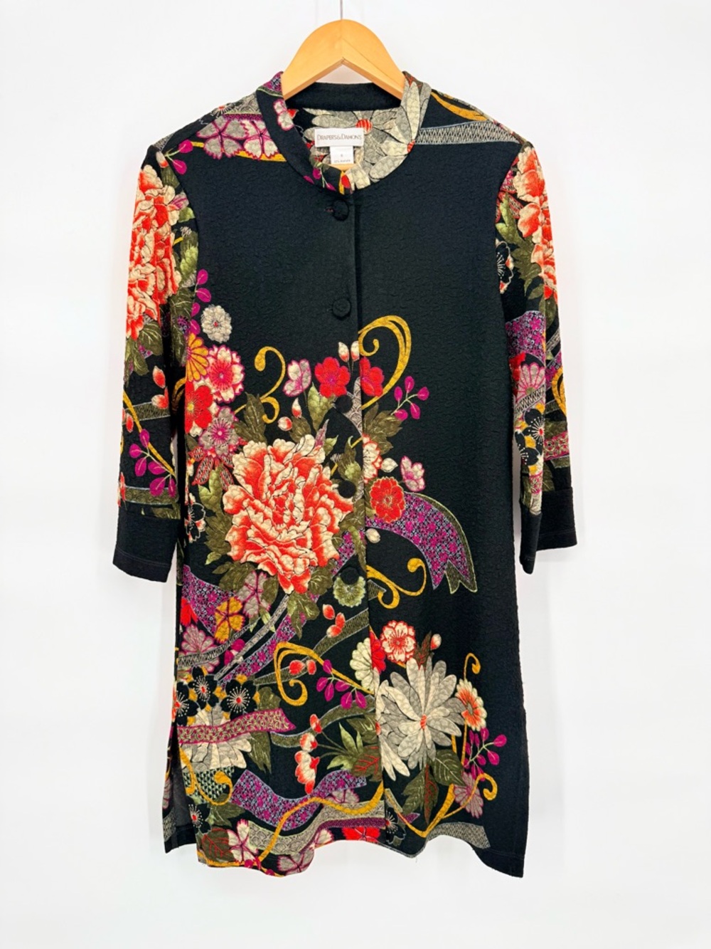 Drapers & Damons Floral Art Jacket Small Black Asian Peony Topper Boho Retro EUC - Picture 2 of 10